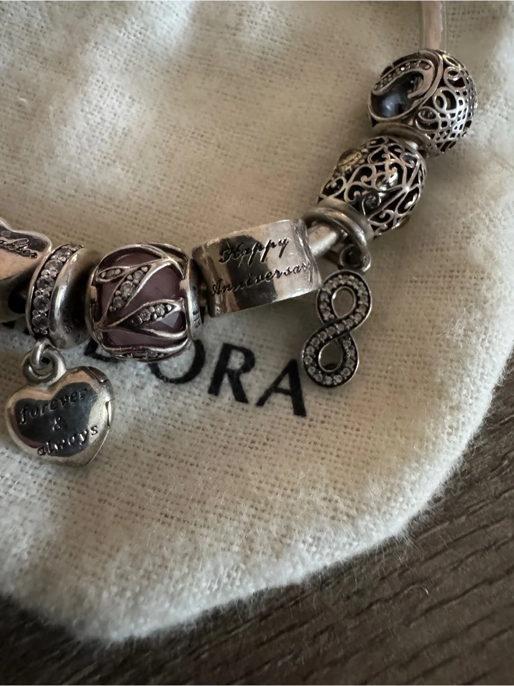 Pandora Silver Charm Bracelet with Heart, Infinity and Travel Charms